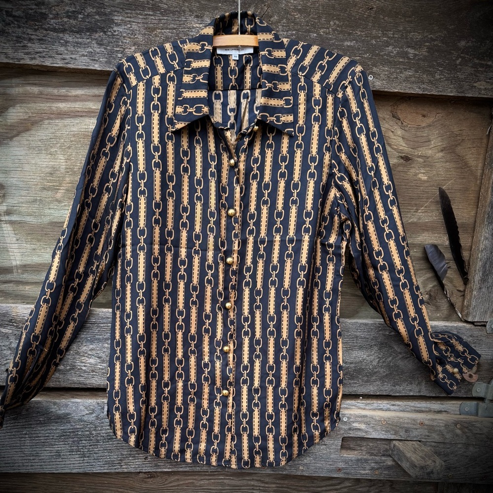 💛SKIRTIN AROUND💛 100% Silk, Belt Print-Collared Blouse